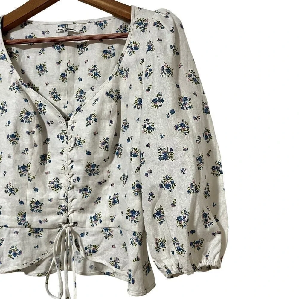 Reformation Barrett‎ Ditsy Floral Linen Lace Up Top Size 12 Puff Sleeve Cottage